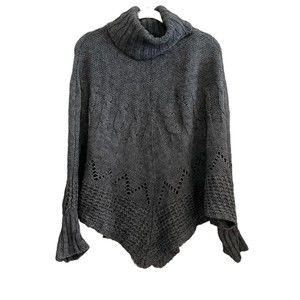 Iperico Womens O/S Poncho Sweater Gray Acrylic Wool Mohair Cable Turtleneck